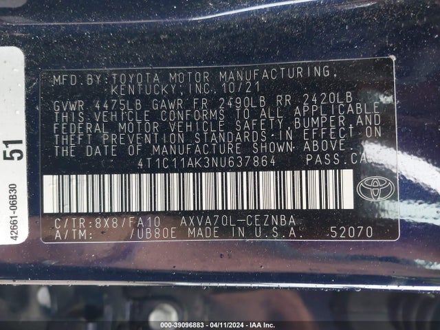 Toyota CAMRY LE 2022 4T1C11AK3NU637864 Image 9