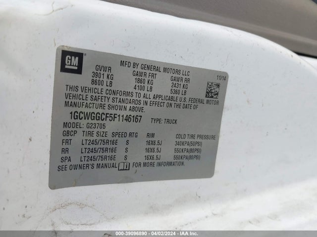 Chevrolet Express 2500 Work Van 2015 1GCWGGCF5F1146167 Image 9