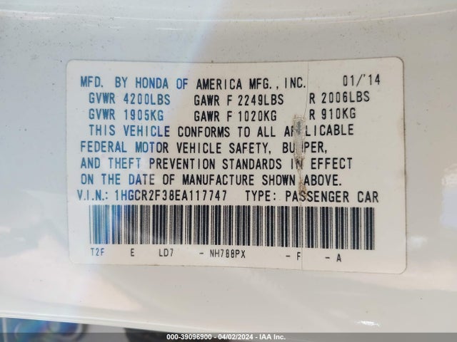 Honda ACCORD LX 2014 1HGCR2F38EA117747 Image 9