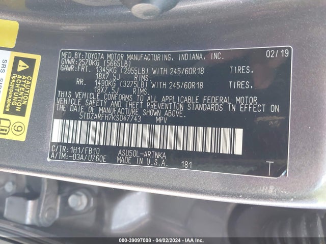 Toyota Highlander Le 2019 5TDZARFH7KS047743 Image 9
