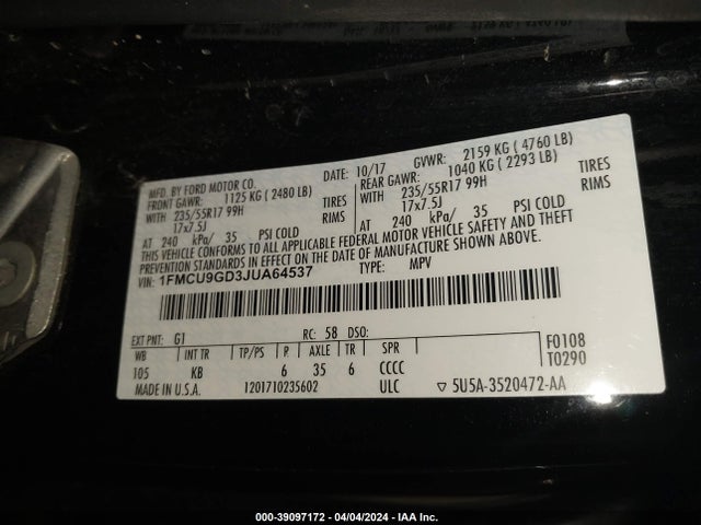 Ford ESCAPE SE 2018 1FMCU9GD3JUA64537 Image 9