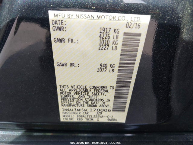 Nissan Altima 2.5 Sl 2016 1N4AL3AP5GC170006 Image 9