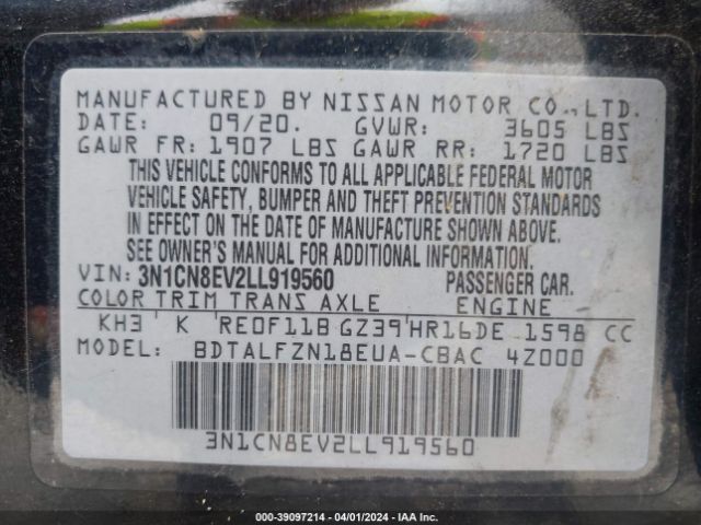 3N1CN8EV2LL919560 Nissan Versa Sv Xtronic Cvt
