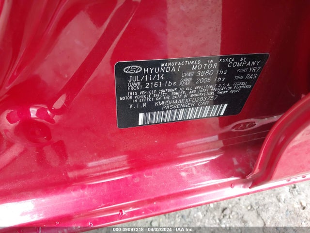 Hyundai Elantra Limited 2015 KMHDH4AEXFU283757 Image 9