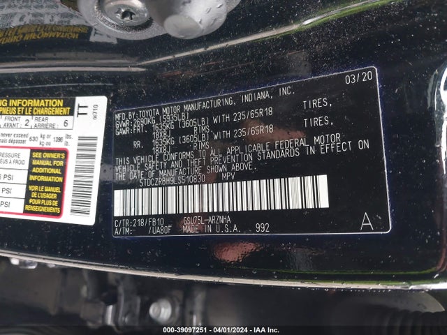 Toyota Highlander L 2020 5TDCZRBH9LS510830 Image 9