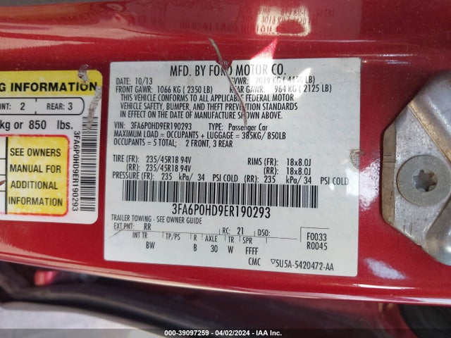 Ford FUSION SE 2014 3FA6P0HD9ER190293 Image 9