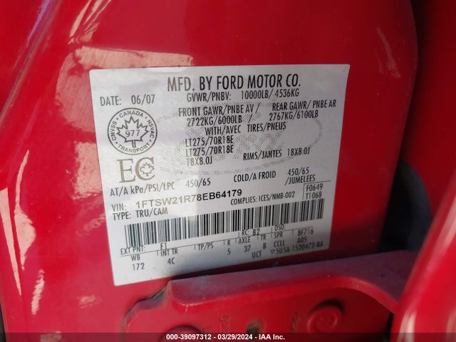 Продажа на аукционе авто 2008 Ford F-250 Fx4/harley-davidson/king Ranch/lariat/xl/xlt, vin: 1FTSW21R78EB64179, номер лота: 39097312