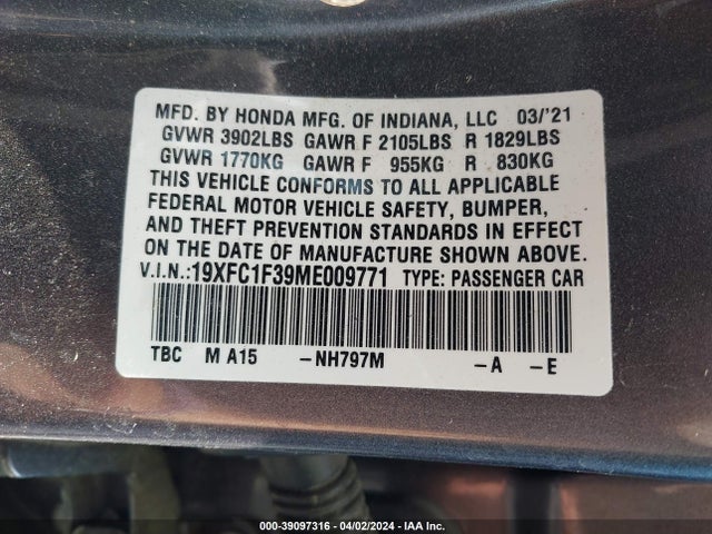 Honda CIVIC EX 2021 19XFC1F39ME009771 Image 9