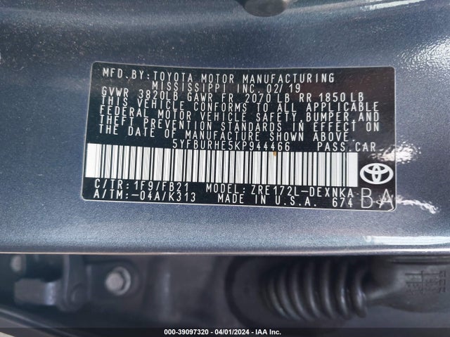 Toyota COROLLA LE 2019 5YFBURHE5KP944466 Image 9