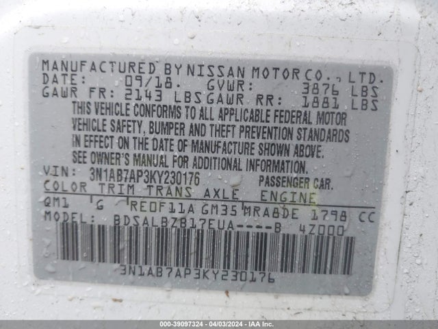 Nissan SENTRA S 2019 3N1AB7AP3KY230176 Image 9
