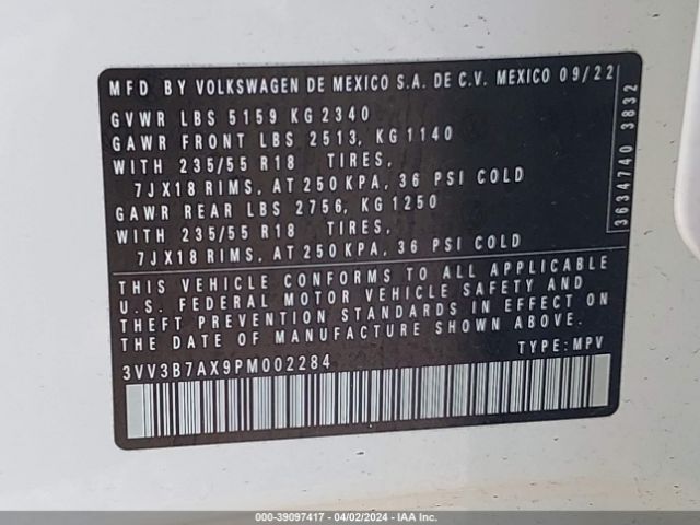 3VV3B7AX9PM002284 Volkswagen Tiguan 2.0t Se