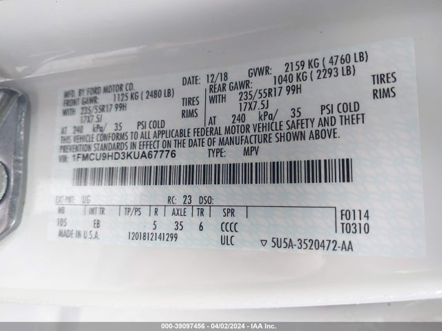 Ford ESCAPE SEL 2019 1FMCU9HD3KUA67776 Image 9