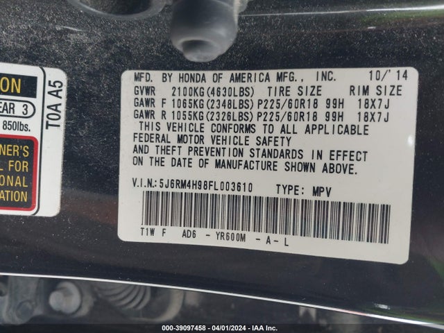 Honda Cr-v Touring 2015 5J6RM4H98FL003610 Image 9