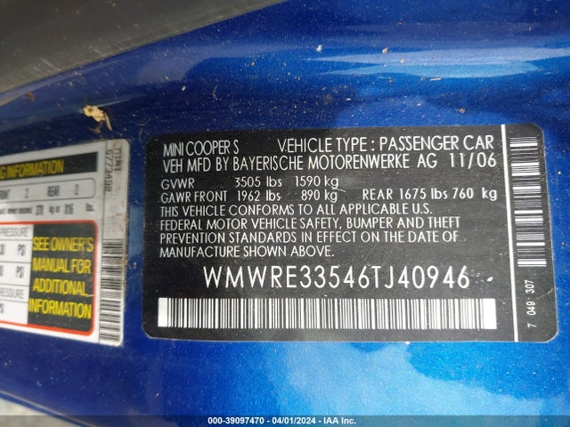 2006 MINI COOPER S WMWRE33546TJ40946 Photo 8