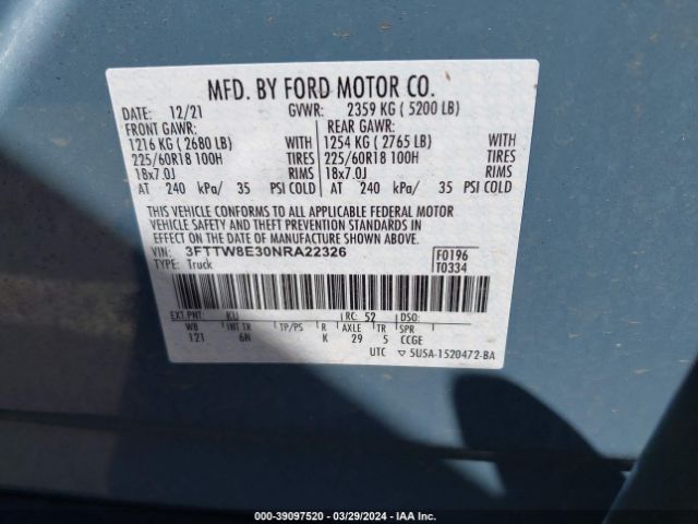3FTTW8E30NRA22326 Ford Maverick Lariat