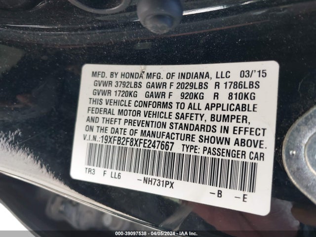 Honda CIVIC EX 2015 19XFB2F8XFE247667 Image 9