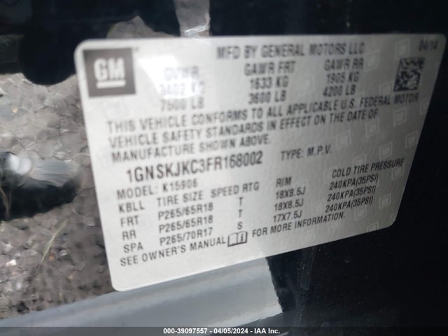Chevrolet Suburban 1500 Lt 2015 1GNSKJKC3FR168002 Image 9