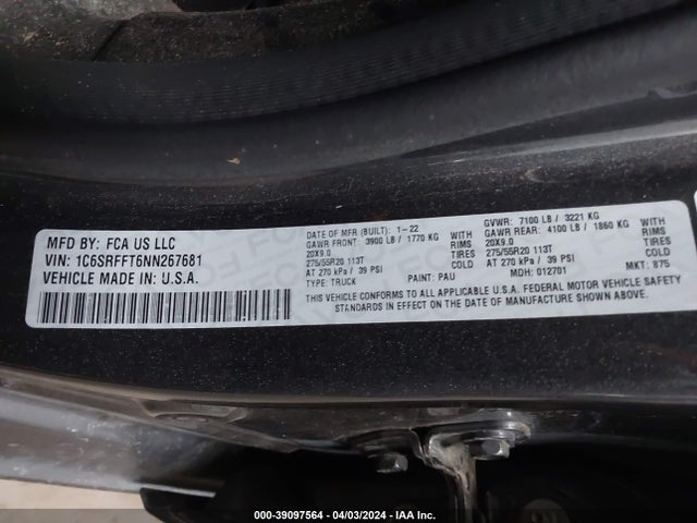 RAM 1500 Big Horn  4x4 5'7 Box 2022 1C6SRFFT6NN267681 Image 9