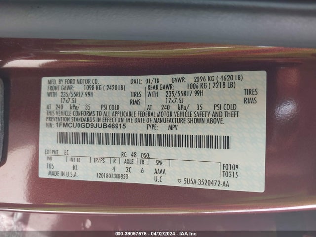 Ford ESCAPE SE 2018 1FMCU0GD9JUB46915 Image 9