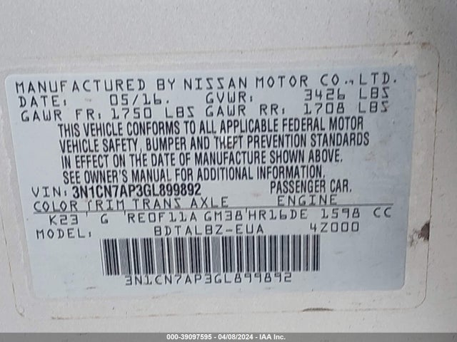 Nissan Versa 1.6 Sv 2016 3N1CN7AP3GL899892 Image 9