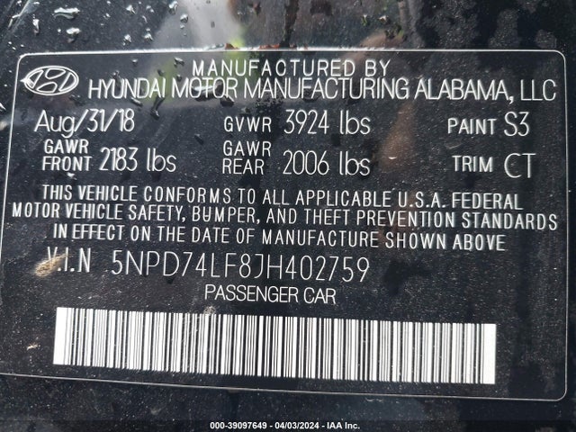 Hyundai ELANTRA SE 2018 5NPD74LF8JH402759 Image 9