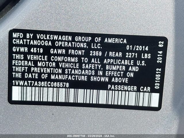 1VWAT7A36EC065578 Volkswagen Passat 1.8t S