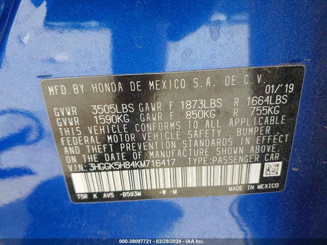 Honda FIT EX 2019 3HGGK5H84KM716417 Image 9