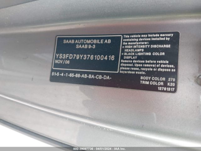 2007 SAAB 9-3 YS3FD79Y376100416 Photo 8
