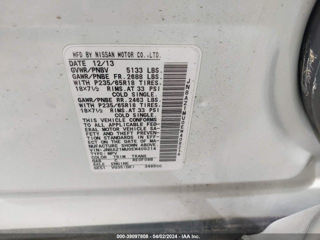 Nissan MURANO SL 2014 JN8AZ1MU0EW408214 Image 9