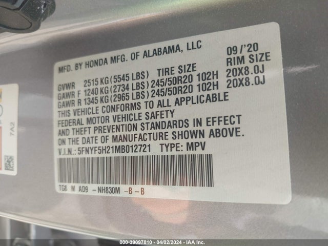 Honda Pilot 2wd Special Edition 2021 5FNYF5H21MB012721 Image 9