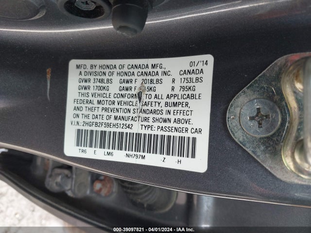 Honda Civic Lx 2014 2HGFB2F59EH512542 Image 9