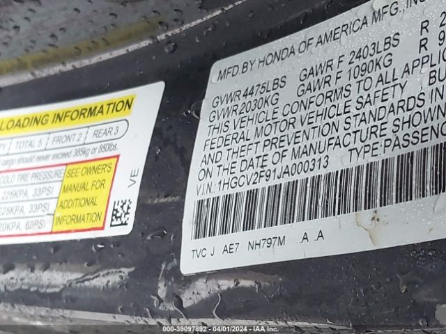 1HGCV2F91JA000313 Honda Accord Touring 2.0t