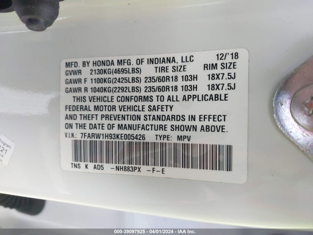 Honda Cr-v Touring 2019 7FARW1H93KE005426 Image 9