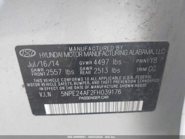 5NPE24AF2FH039176 Hyundai SONATA SE