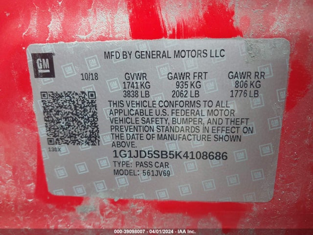 Chevrolet Sonic Lt Auto 2019 1G1JD5SB5K4108686 Image 9