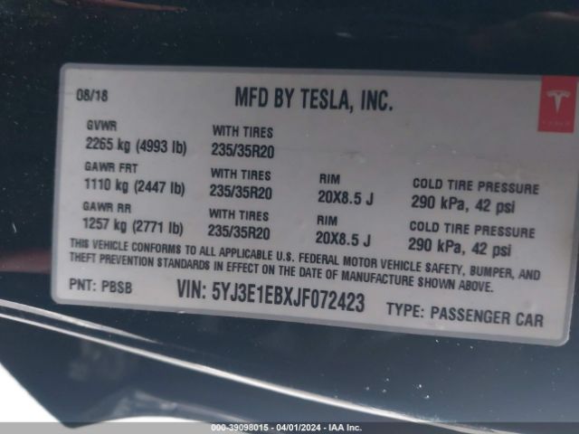 5YJ3E1EBXJF072423 Tesla Model 3 Long Range/performance