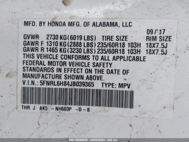 5FNRL6H84JB039365 Honda Odyssey Touring