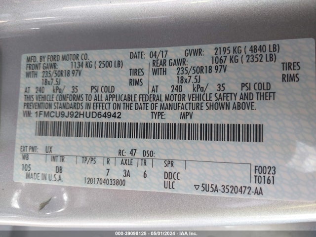 Ford Escape Titanium 2017 1FMCU9J92HUD64942 Image 9