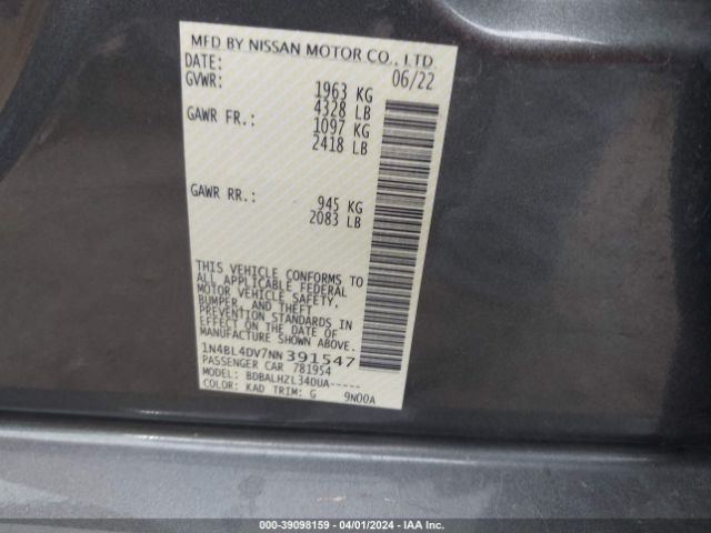 1N4BL4DV7NN391547 Nissan Altima Sv Fwd