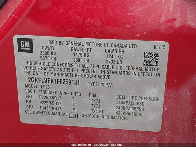 GMC Terrain Sle-1 2015 2GKFLVEK7F6259131 Image 9