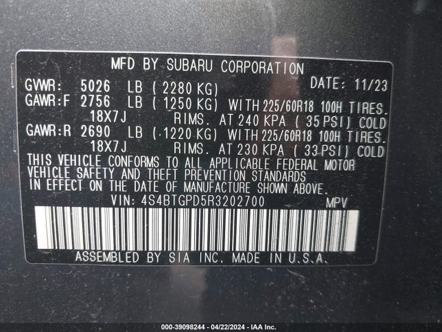 4S4BTGPD5R3202700 Subaru Outback Touring Xt