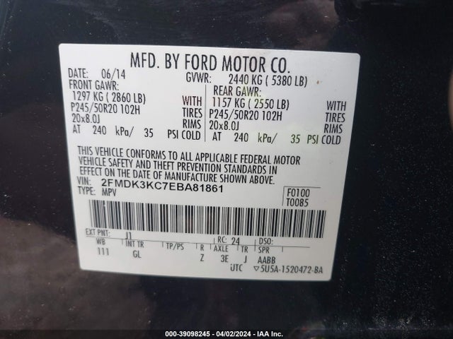 Ford Edge Limited 2014 2FMDK3KC7EBA81861 Image 9