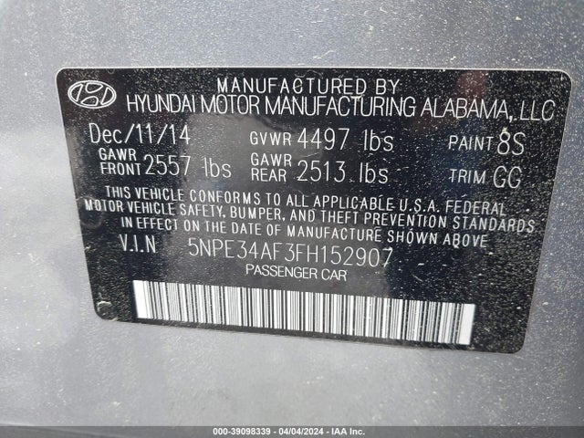 Hyundai Sonata Limited 2015 5NPE34AF3FH152907 Image 9