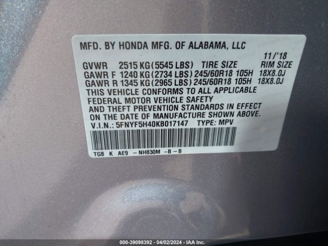 5FNYF5H40KB017147 Honda Pilot Ex-l