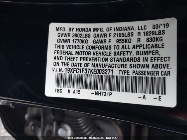Honda CIVIC EX 2019 19XFC1F37KE003271 Image 9