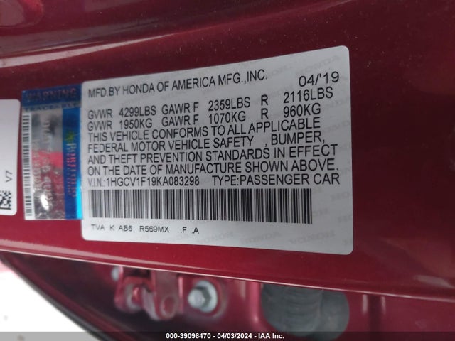 Honda ACCORD LX 2019 1HGCV1F19KA083298 Image 9