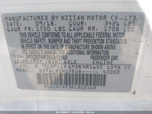 Nissan Versa 1.6 Sv 2019 3N1CN7AP3KL812162 Image 9