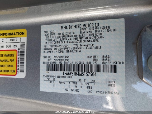 Ford Mustang Ecoboost Premium Fastback 2021 1FA6P8TH4M5157504 Image 9