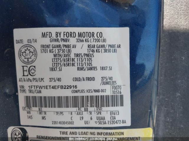 1FTFW1ET4EFB22916 Ford F-150 Xlt