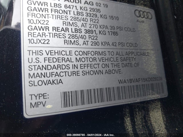 Продаж на аукціоні авто 2019 Audi Q8 55 Premium, vin: WA1BVAF15KD029239, номер лоту: 39098785